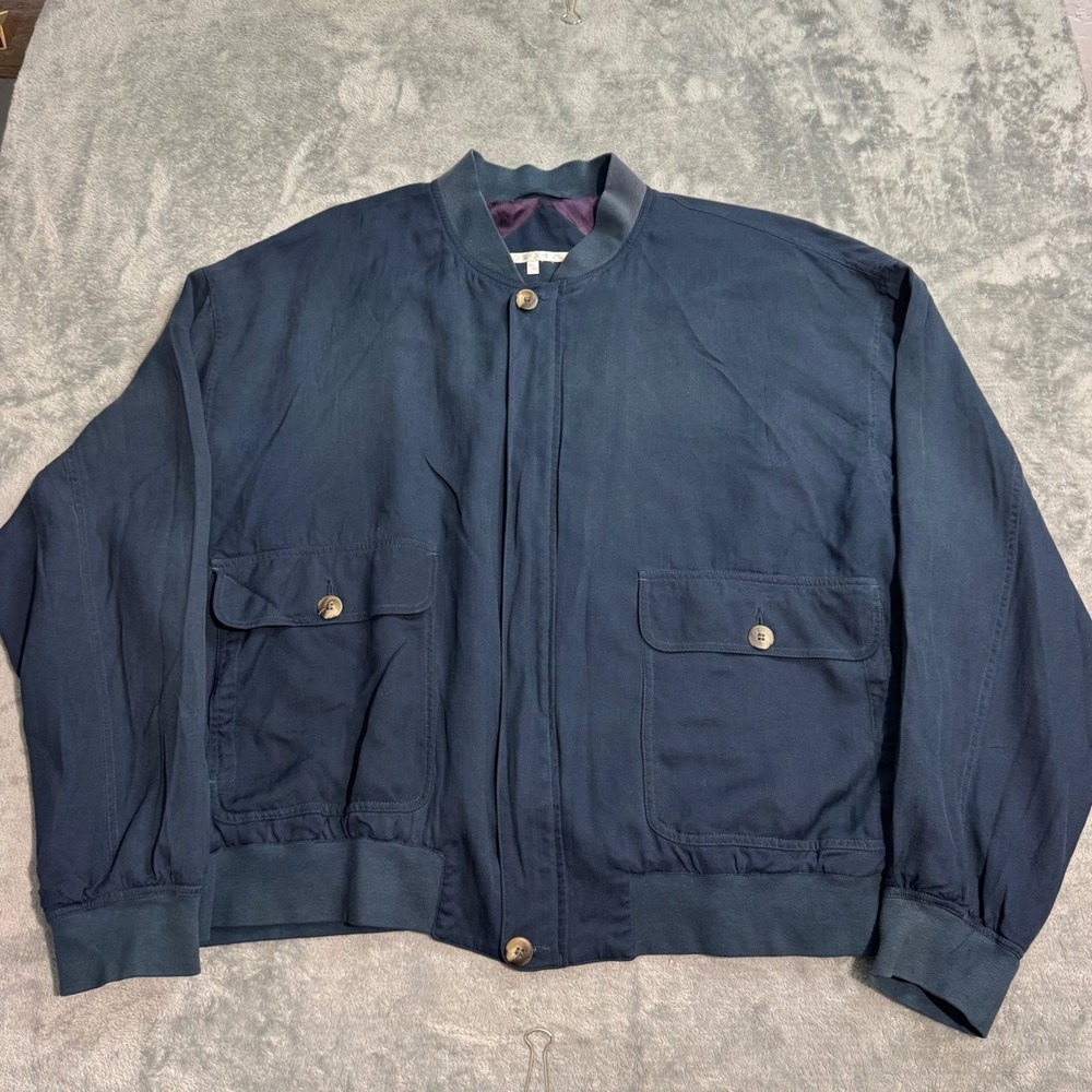 VTG 90s Perry Ellis Bomber Jacket Navy Blue Herringbone XL 44 Full Zip Men
